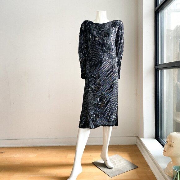 Vintage Silk Fully Beaded Geometric Floral Print Tunic Dress S - Picture 3 of 9